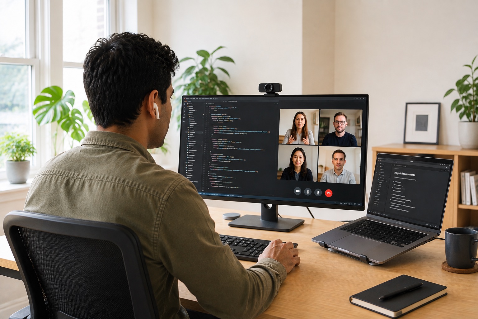 Engineer at home office doing a code review on a video call