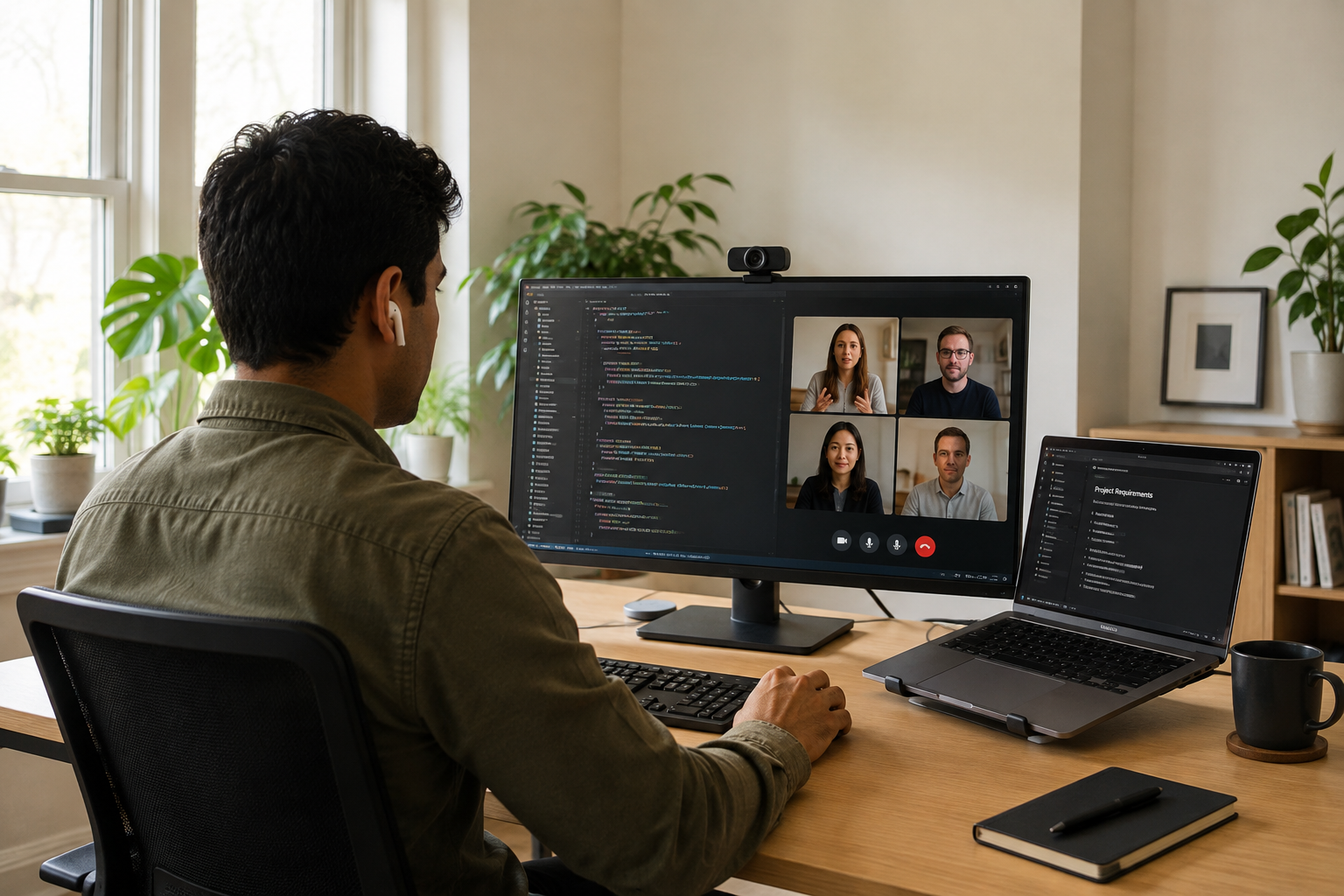Engineer at home office doing a code review on a video call