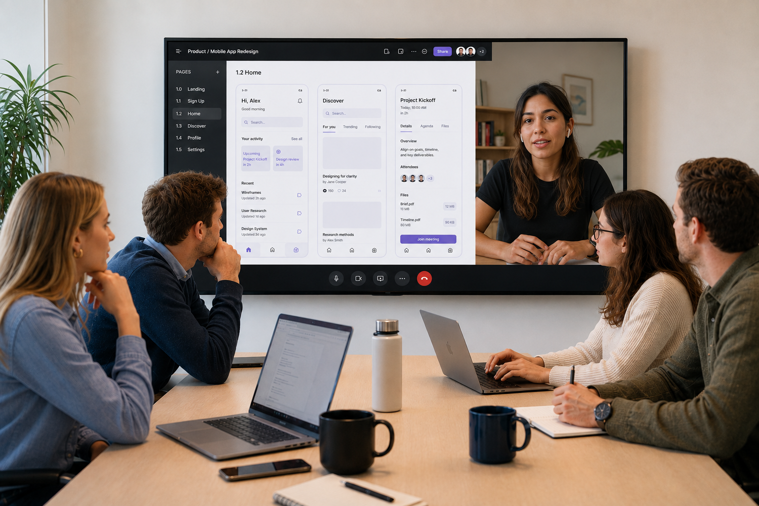 Hybrid team meeting — US team in conference room, LATAM colleagues on screen